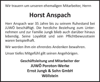 Traueranzeige von Horst Anspach von  Allgemeine Zeitung Alzey