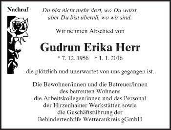 Traueranzeige von Gudrun Erika Herr von  Kreisanzeiger
