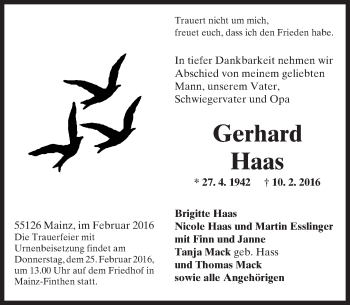 Traueranzeige von Gerhard Haas von  Allgemeine Zeitung Mainz