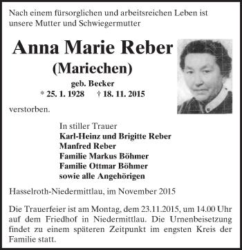 Traueranzeige von Anna Marie Reber von  GT am Sonntag