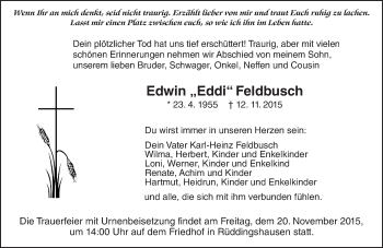 Traueranzeige von Edwin Feldbusch von  Gießener Anzeiger Traueranzeige von Edwin Feldbusch von  Gießener Anzeiger