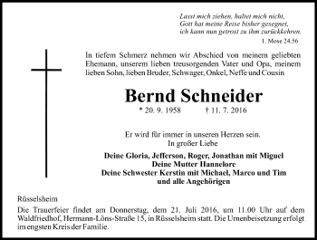 Traueranzeige von Bernd Schneider von Trauerportal Rhein Main Presse