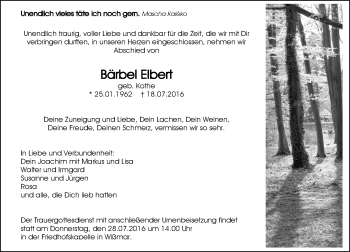 Traueranzeige von Bärbel Elbert von  Gießener Anzeiger