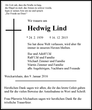Traueranzeige von Hedwig Lind von  Gießener Anzeiger
