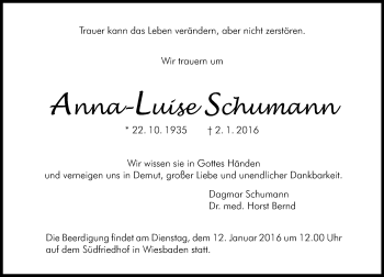 Traueranzeige von Annna-Luise Schumann von  Wiesbaden komplett