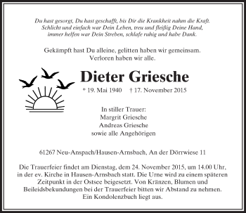 Traueranzeige von Dieter Griesche von  Usinger Anzeiger