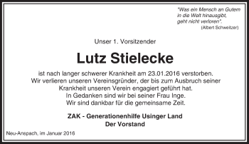 Traueranzeige von Lutz Stielecke von  Usinger Anzeiger