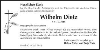 Traueranzeige von Wilhelm Dietz von  Sonntags Anzeiger