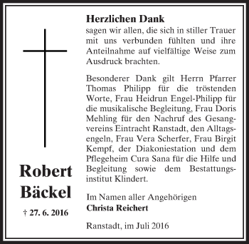 Traueranzeige von Robert Bäckel von  Sonntags Anzeiger