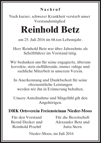 Traueranzeige von Reinhold Betz von VRM Trauer