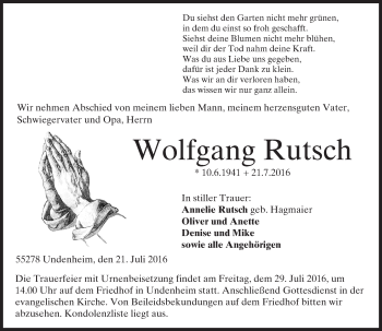 Traueranzeige von Wolfgang Rutsch von Trauerportal Rhein Main Presse
