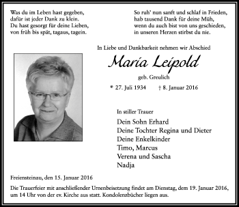 Traueranzeige von Maria Leipold von VRM Trauer