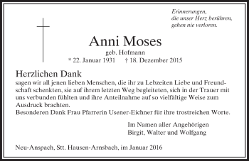Traueranzeige von Anni Moses von  Usinger Anzeiger