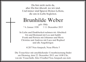 Traueranzeige von Brunhilde Weber von  Usinger Anzeiger