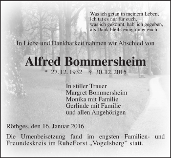 Traueranzeige von Alfred Bommersheim von  Gießener Anzeiger
