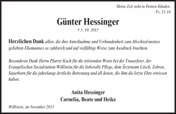Traueranzeige von Günter Hessinger von  Allgemeine Zeitung Alzey