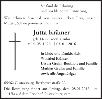 Traueranzeige von Jutta Krämer von  Allgemeine Zeitung Mainz