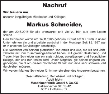 Traueranzeige von Markus Schneider von Trauerportal Rhein Main Presse