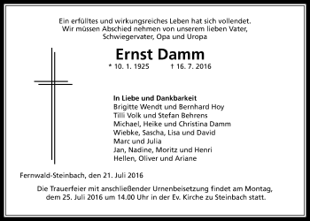 Traueranzeige von Ernst Damm von  Gießener Anzeiger