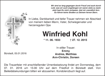Traueranzeige von Winfried Kohl von  Bürstädter Zeitung