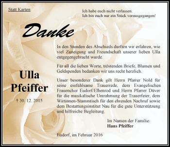 Traueranzeige von Ulla Pfeiffer von  OK Oberhessen Kurier