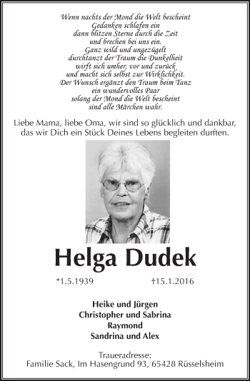 Traueranzeige von Helga Dudek von  Landskrone