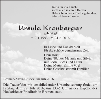 Traueranzeige von Ursula Kronberger von  Gießener Anzeiger