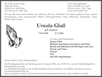 Traueranzeige von Ursula Glaß von  Allgemeine Zeitung Alzey