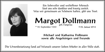 Traueranzeige von Margot Dollmann von  Allgemeine Zeitung Mainz