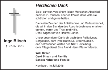 Traueranzeige von Inge Bitsch von Trauerportal Echo Online
