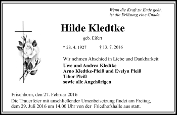 Traueranzeige von Hilde Kledtke von VRM Trauer