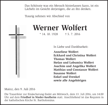 Traueranzeige von Werner Wolfert von Trauerportal Rhein Main Presse