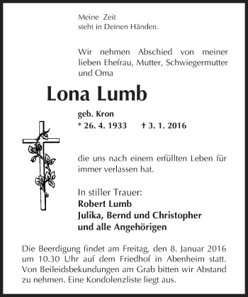 Traueranzeige von Lona Lumb von  Wormser Zeitung
