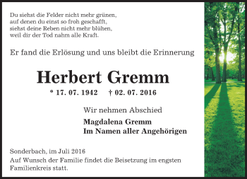 Traueranzeige von Herbert Gremm von Trauerportal Echo Online