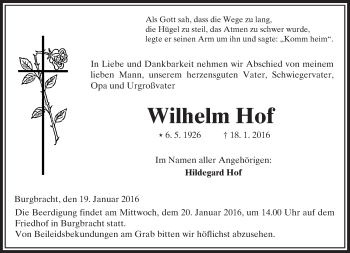 Traueranzeige von Wilhelm Hof von  Kreisanzeiger