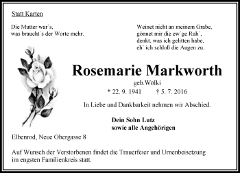 Traueranzeige von Rosemarie Markworth von VRM Trauer
