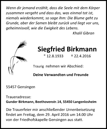 Traueranzeige von Siegfried Birkmann von  Allg. Zeitung Bad Kreuznach