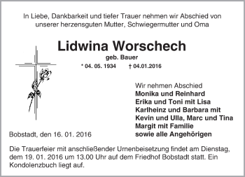 Traueranzeige von Lidwina Worschech von  Bürstädter Zeitung