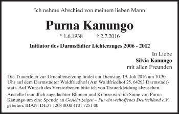 Traueranzeige von Purna Kanungo von Trauerportal Echo Online