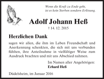Traueranzeige von Adolf Johann Heß von  Sonntags Anzeiger