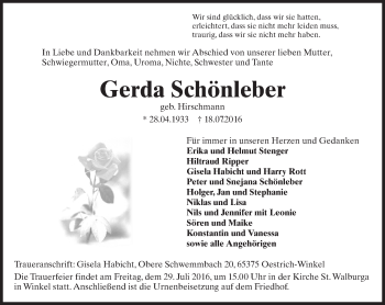 Traueranzeige von Gerda Schönleber von Trauerportal Rhein Main Presse