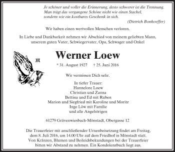 Traueranzeige von Werner Loew von  Usinger Anzeiger
