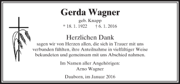 Traueranzeige von Gerda Wagner von  Camberger Anzeiger