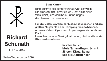 Traueranzeige von Richard Schunath von  Allgemeine Zeitung Mainz