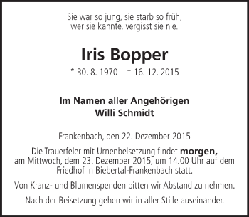 Traueranzeige von Iris Bopper von  Gießener Anzeiger