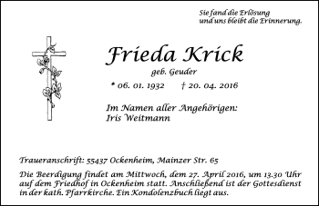 Traueranzeige von Frieda Krick von  Allgemeine  Zeitung Ingelheim-Bingen