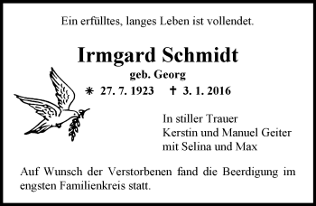 Traueranzeige von Irmgard Schmidt von  Allgemeine Zeitung Mainz