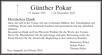 Traueranzeige von Günther Pokar von  Usinger Anzeiger