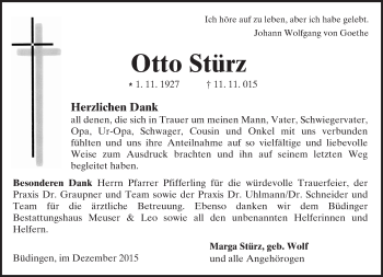 Traueranzeige von Otto Stürz von  Sonntags Anzeiger Traueranzeige von Otto Stürz von  Sonntags Anzeiger