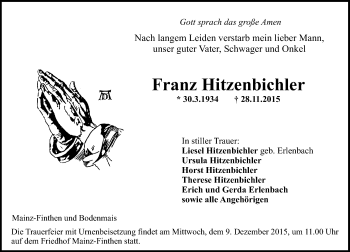 Traueranzeige von Franz Hitzenbichler von  Allgemeine Zeitung Mainz